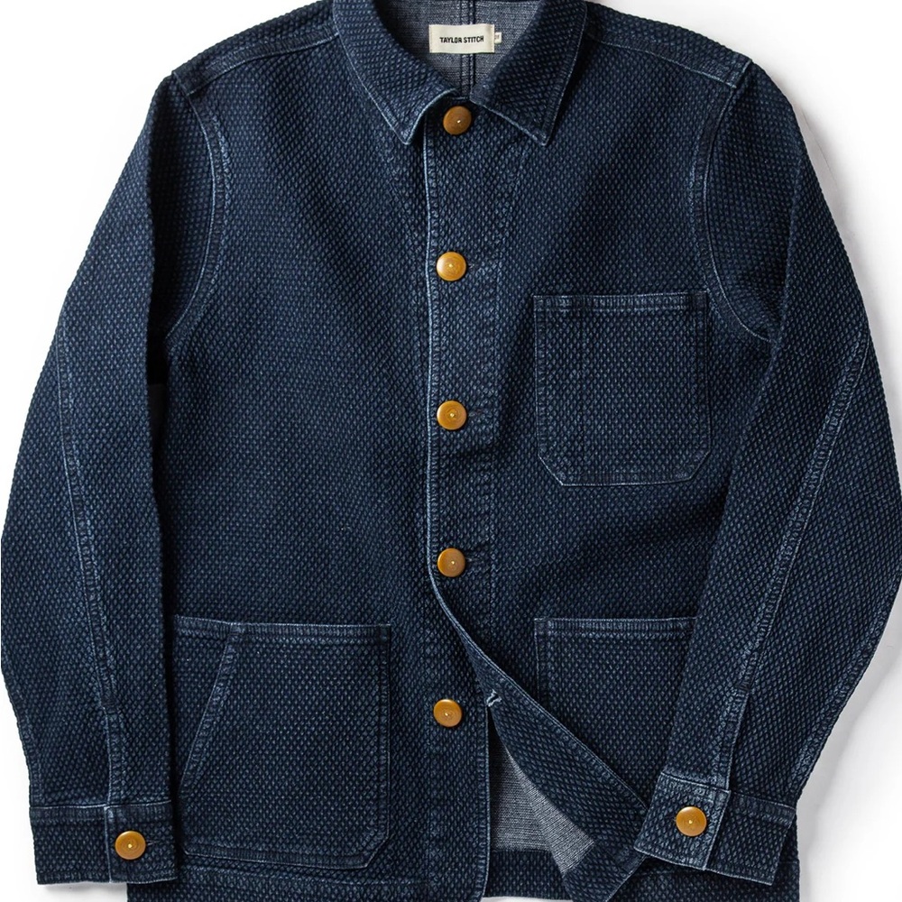 Taylor Stitch Navy Textured Chore Jacket with Tan Buttons